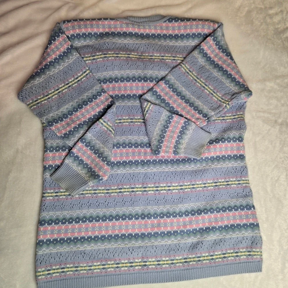 Lizsport Vintage‎ Fair Isle Cardigan Sweater Blue Pastel Cotton Knit USA Made M